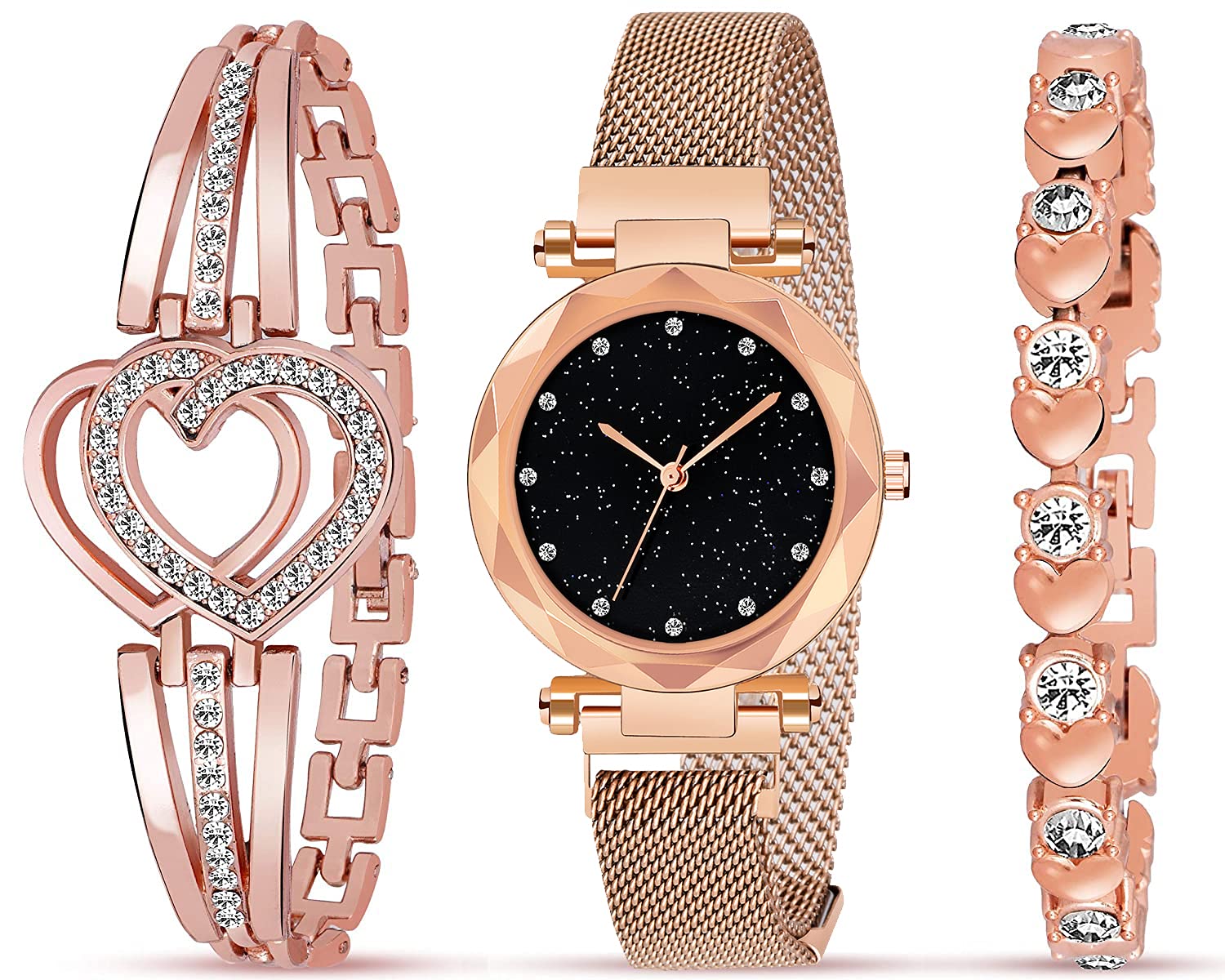 Acnos Brand - A Watch Analogue Plain Black Dial Magnet Watch With Gift Bracelet For Women Or Girls And Watch For Girl Or Women (Combo Of 3)