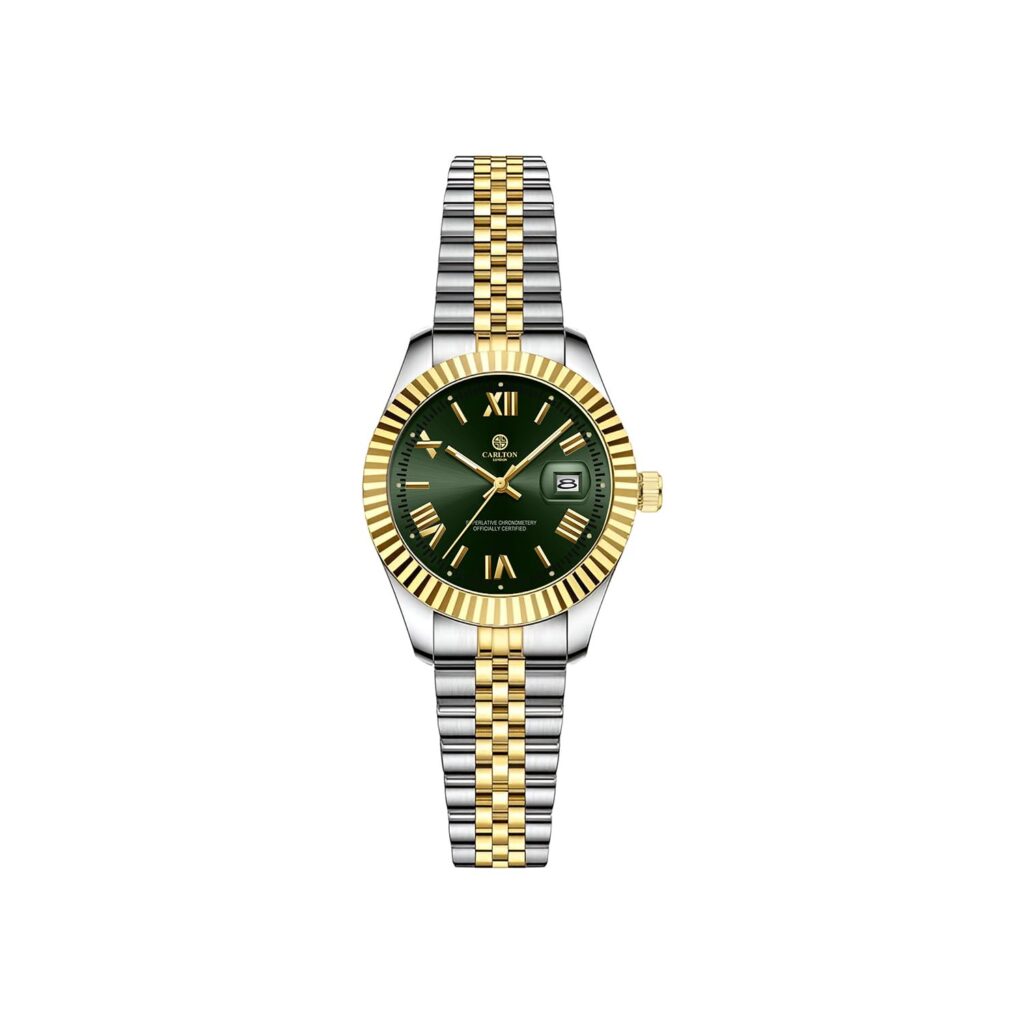 Carlton London Harper Women Analog Watch, Round Dial, Stainless Steel Strap, Quartz Movement, Green Dial, Silver Strap, 30M Water Resistant | CLRLW-006