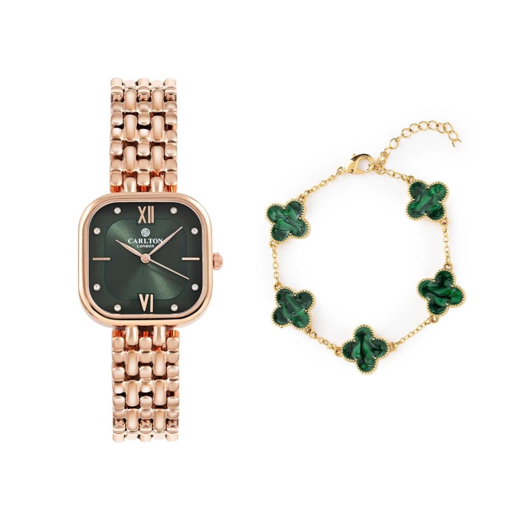 Carlton London Women Green Dial Watch and Bracelet | Stainless Steel, Premium, Stylish Analog Wrist Watch with Golden Strap & Bracelet Set, Elegant Quartz Timepiece | Water Resistant | Luxury Square Watch Gift Set