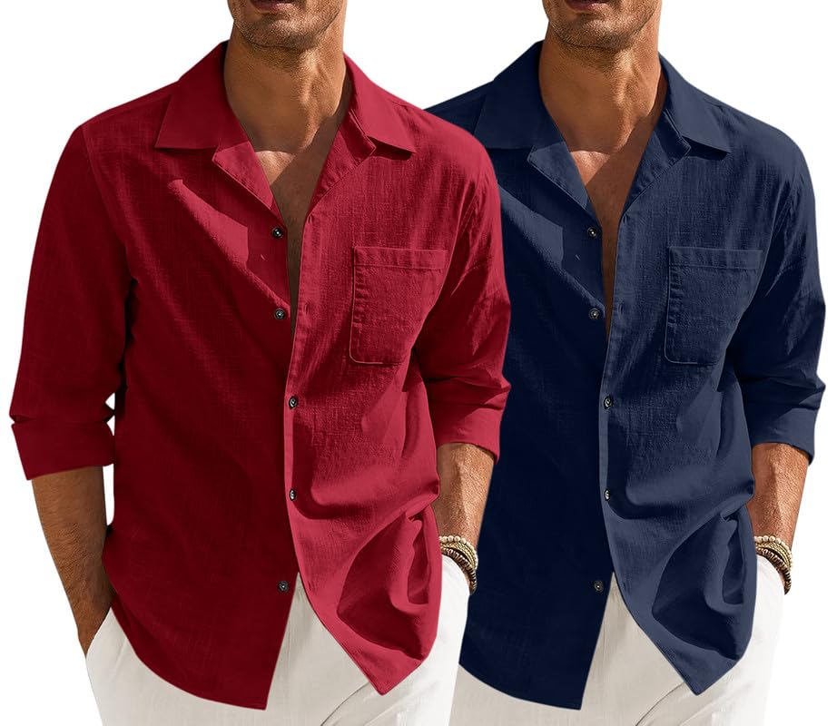 Combo of Men’s Casual Cotton Blend Shirt || Long Sleeve Button Down with Spread Collar | Lightweight Breathable Fabric | Stylish Solid Shirt for Beach, Office & Everyday Wear Pack of 2
