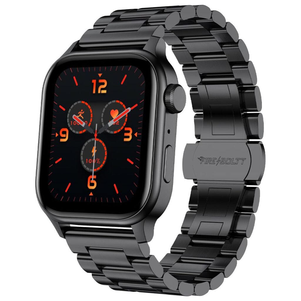 Fire-Boltt Rise Smart Watch 1.85″ with Bluetooth Calling, AI Voice Assistant, Rotating Crown, SpO2 & Heart Rate Monitor, 123 Sports Modes, IP67 Waterproof Metal Smartwatch for Men & Women - Black
