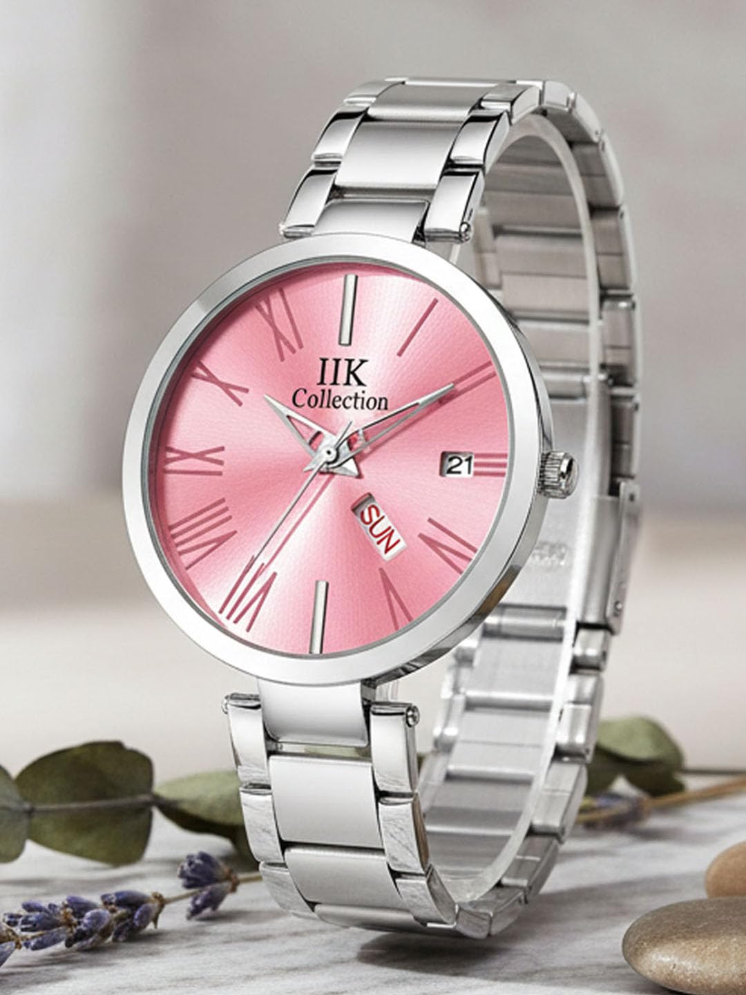 IIK COLLECTION Watches for Women Round Studded Dial |Day and Date Quartz Movemnet |Long Battery Life|Stainless Steel Bracelet Chain Strap|Double Lock Clasp Safety Watches for Girls