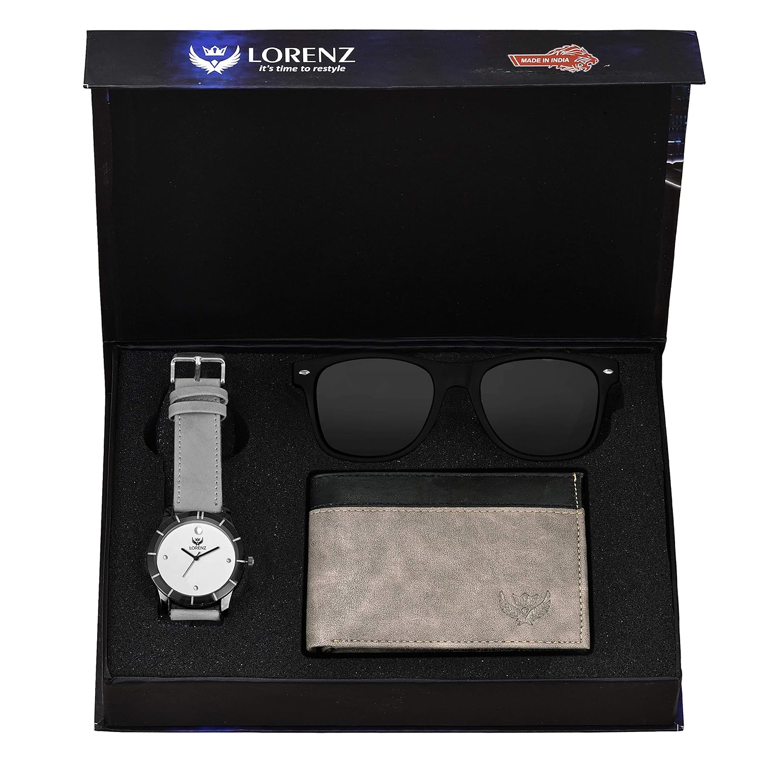 LORENZ Analog Men Gift Box Combo Set of Grey Dial Watch, Wallet & Black Sunglasses