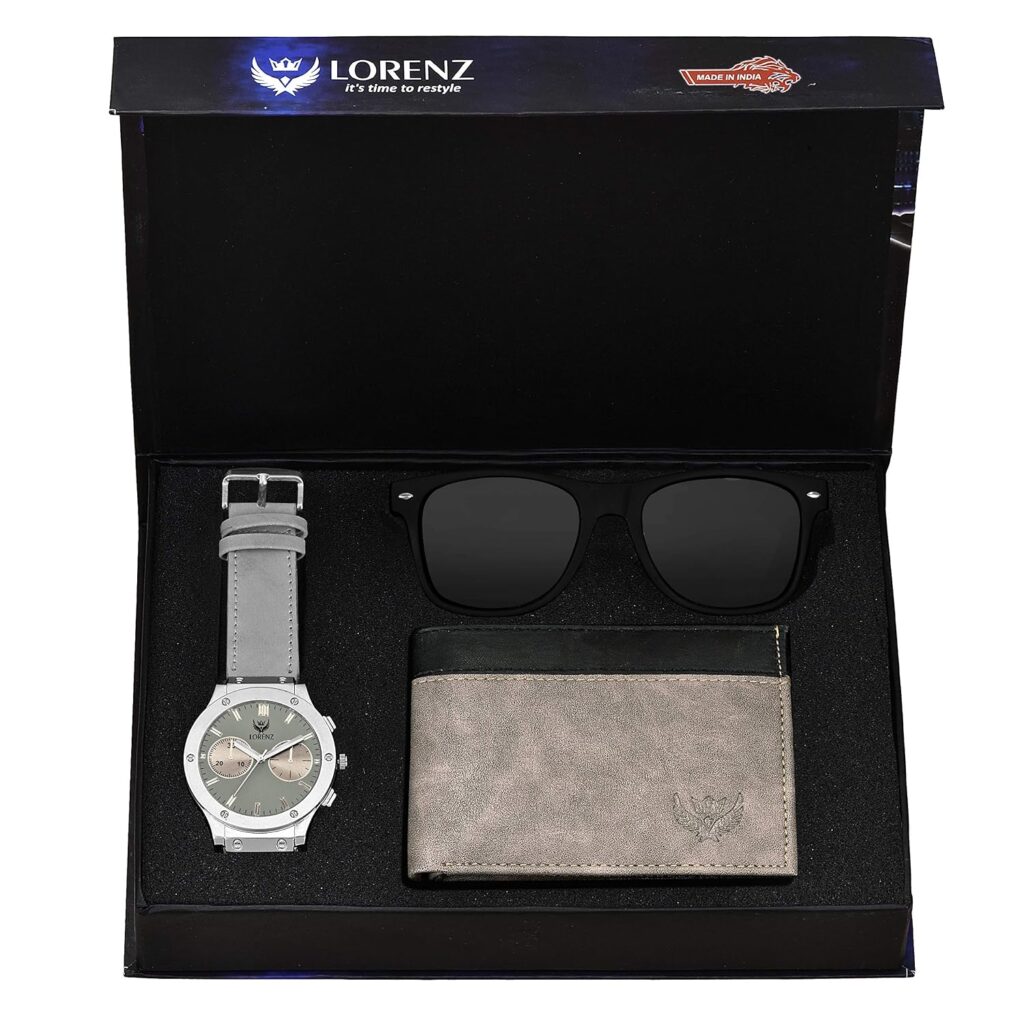 LORENZ Gift Combo Box Of Men's Grey Dial analogue Watch,Grey Wallet & Black Sunglasses|Cm-3032Sn1-Wl-25