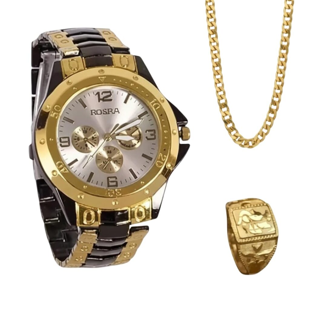 Men's Watch Chain and Ring Combo Set, Analog Wrist Watch with Matching Chain and Fashion Ring, Gift Set for Men and Boys (Gold::Black)