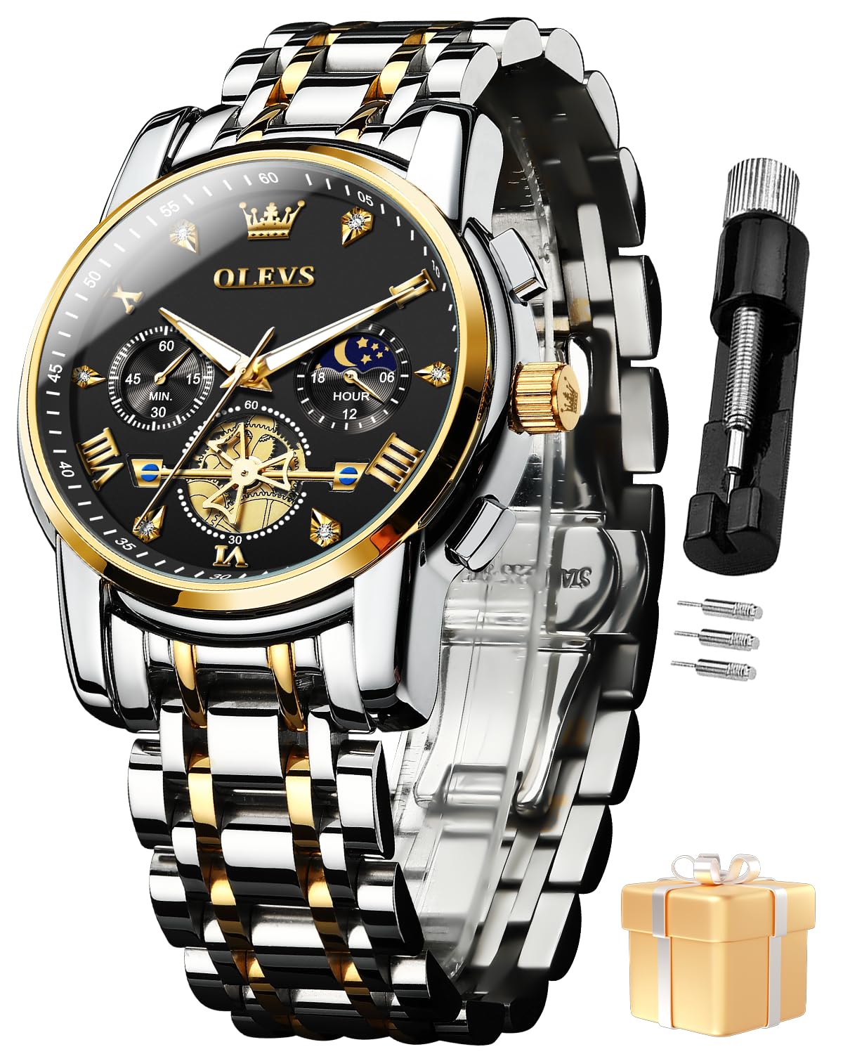 OLEVS Watch for Man Analog Quartz Skeleton Chronograph Diamond Watch Stainless Steel Moon Phase Calendar Waterproof Mens Dress Watches