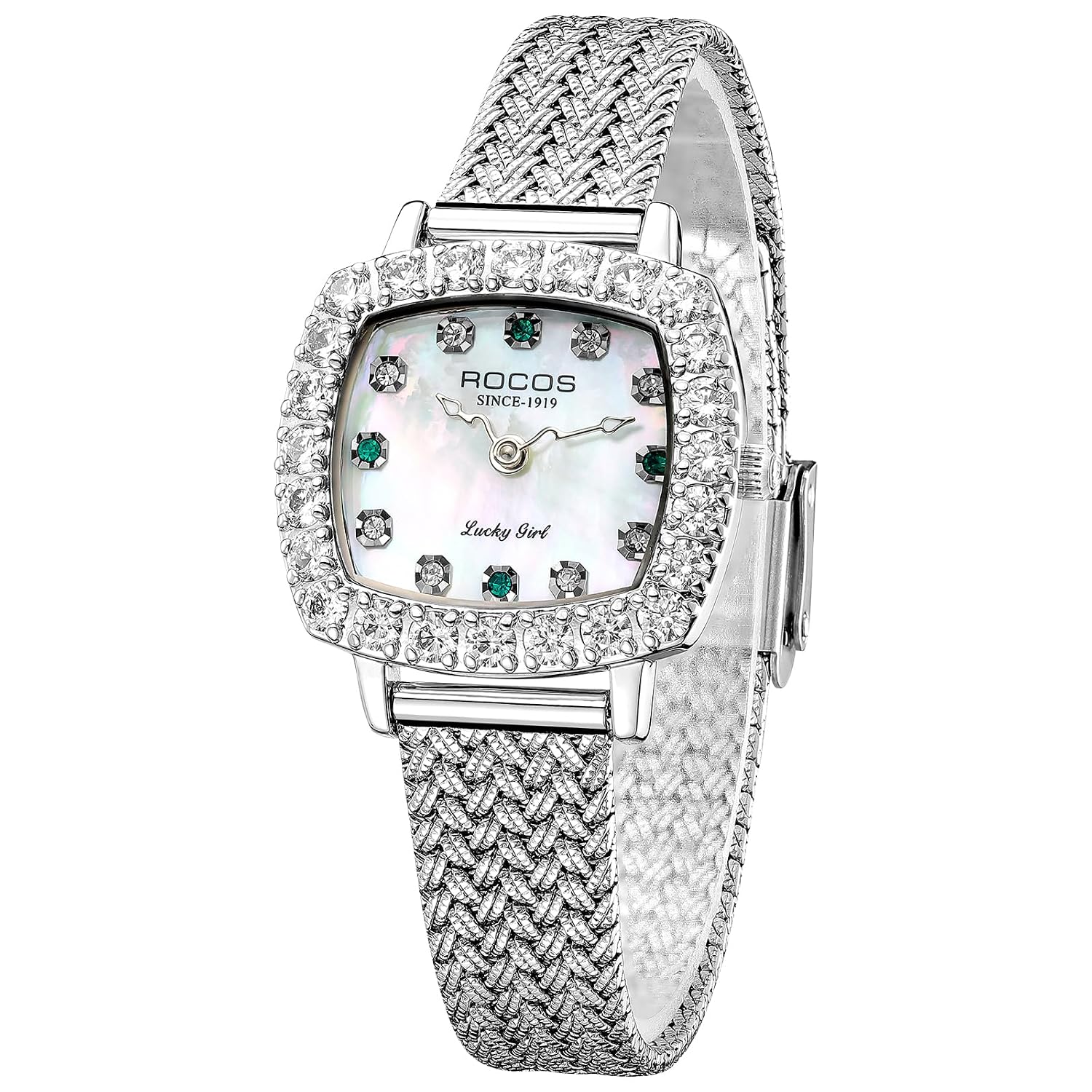 ROCOSJEWE Luxury Silver Diamond Ladies Watch for Women, Square Quartz Wrist Watch with Natural Mother-of-Pearl Dial, Elegant Small Dial, Premium Branded Women’s Watch, Gift for Women R0264