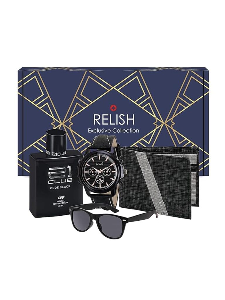 Relish Gift Combo Box Analog Leather Strap Watch, Wallet, Long Lasting Perfume and Metal Hook Keychain | Valentine Gift for Boyfriend