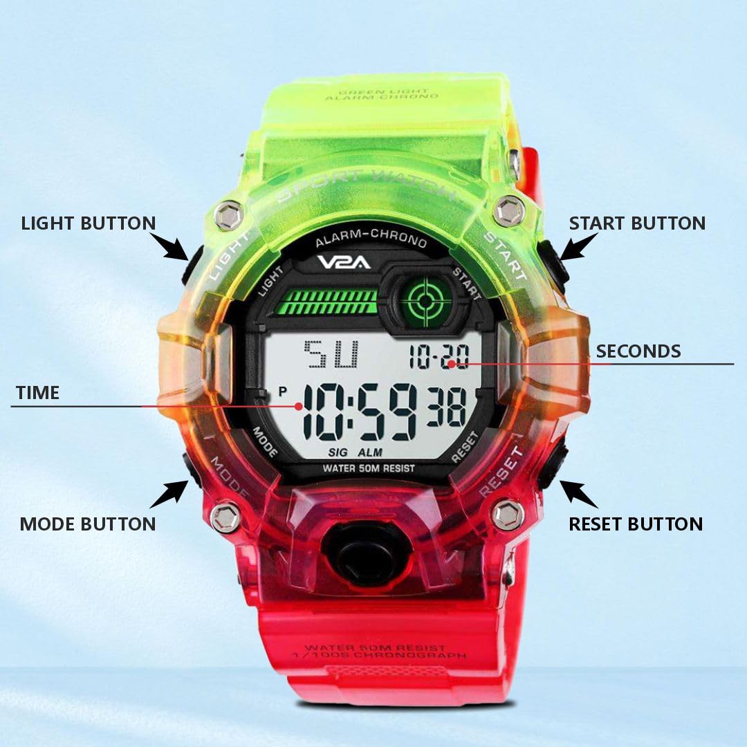 V2A Digital 5ATM Waterproof Kids Sports Watch with Backlight Alarm Stopwatch for Boys and Girls