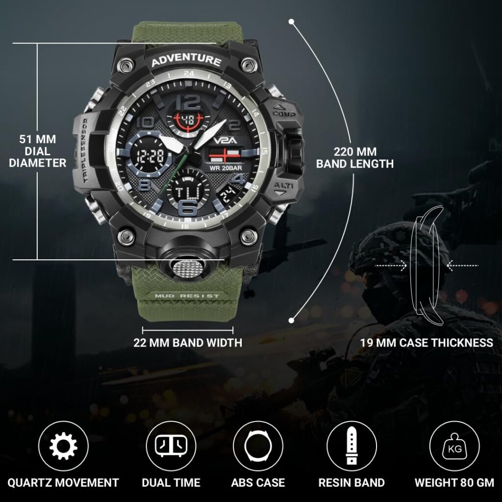 V2A Military Green Chronograph Analogue and Digital Sports Watch for Men and Boys