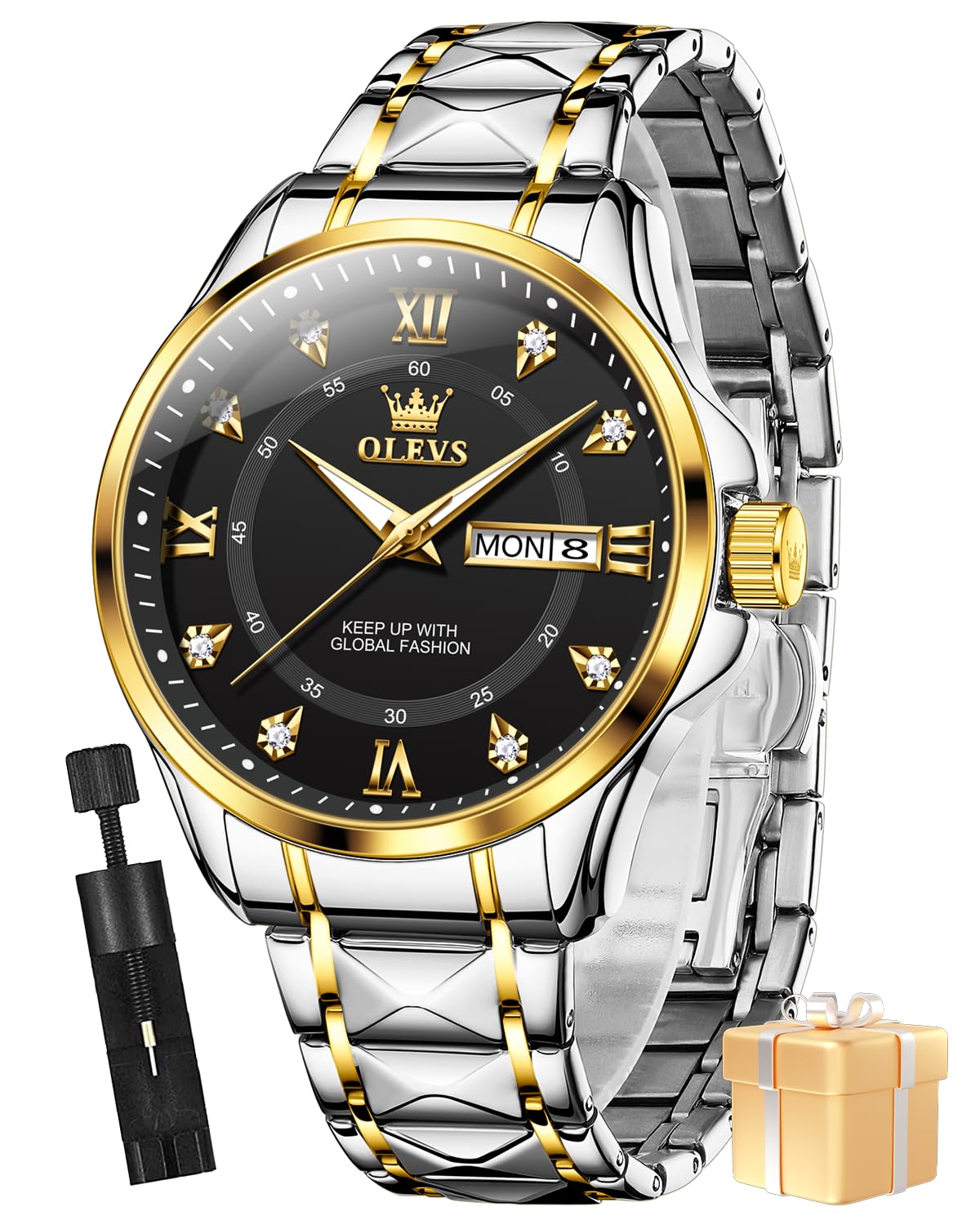 OLEVS Watches for Men Fashion Diamond Analog Quartz Men's Easy Reader Watch Stainsteel Steel Date Waterproof Luminous Business Watch
