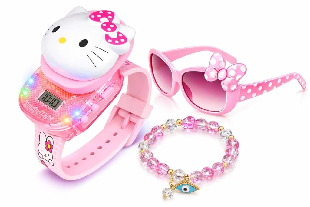 ALNA-TURA Gifts For Kids Girls | Pink Cartoon Watch Sunglasses Bracelet Combo Set | LED Digital Wrist Watch with Lights, UV Protection Stylish Sunglasses | Cute Beaded Charm Bracelet, Birthday Gift For (3-10 Years)