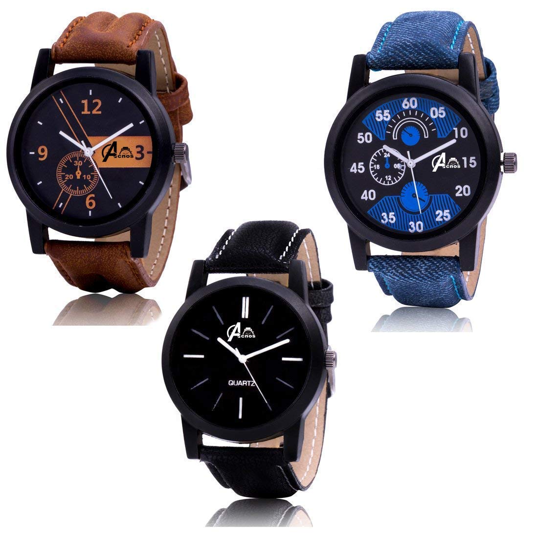 Acnos Premium Brown Blue and Black Leather Analog Watches for Men Pack of - 3 and Brand Box (L-01-02-05)
