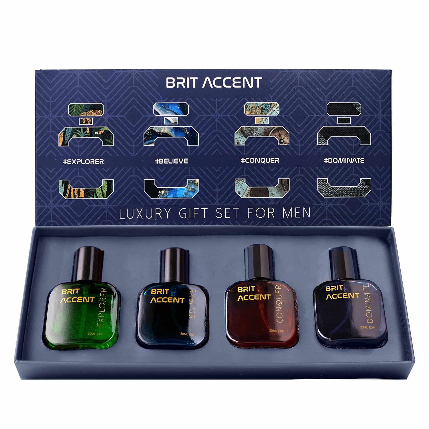 BRIT ACCENT Liquid| Men's Luxury Fragrance Gift Set | 4 x 20ml EDP| Premium Long Lasting Perfume for Men |Believe, Conquer, Dominate, Explorer Collection| Premium - Ingredients| under Rs 300 | Gift Set for Men, Brother, Husband, Boyfriend |
