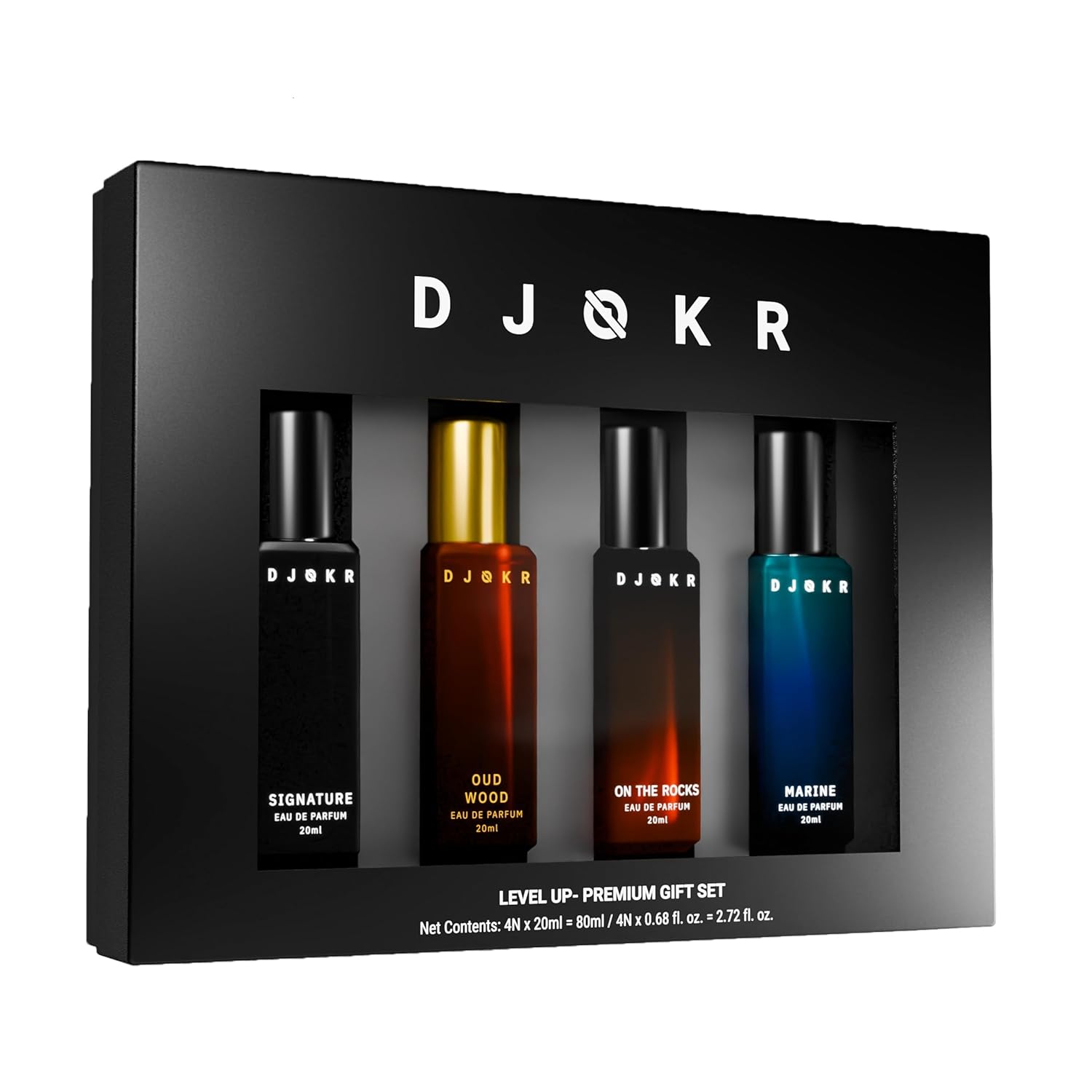 Djokr Perfume for Man | 4x20 ML | Perfume for Men Long Lasting Smell, Gift for Man, Eau De Parfum Men, Premium Luxury Long Lasting Fragrance Spray (On The Rocks, Oud Wood, Signature, Marine)