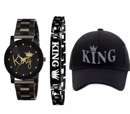 Giffemans Combo Latest Boys/Men's Baseball Plain Adjustable Black Cap,King Watch and Bracelet (Pack of 3) for Set Men's Gift