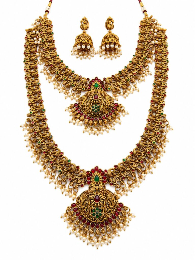 Gold Plated Temple Long Haram Necklace Set for Women | Traditional Lakshmi Design Bridal Jewelry Set with Matching Jhumka Earrings | South Indian Ethnic Artificial Jewellery