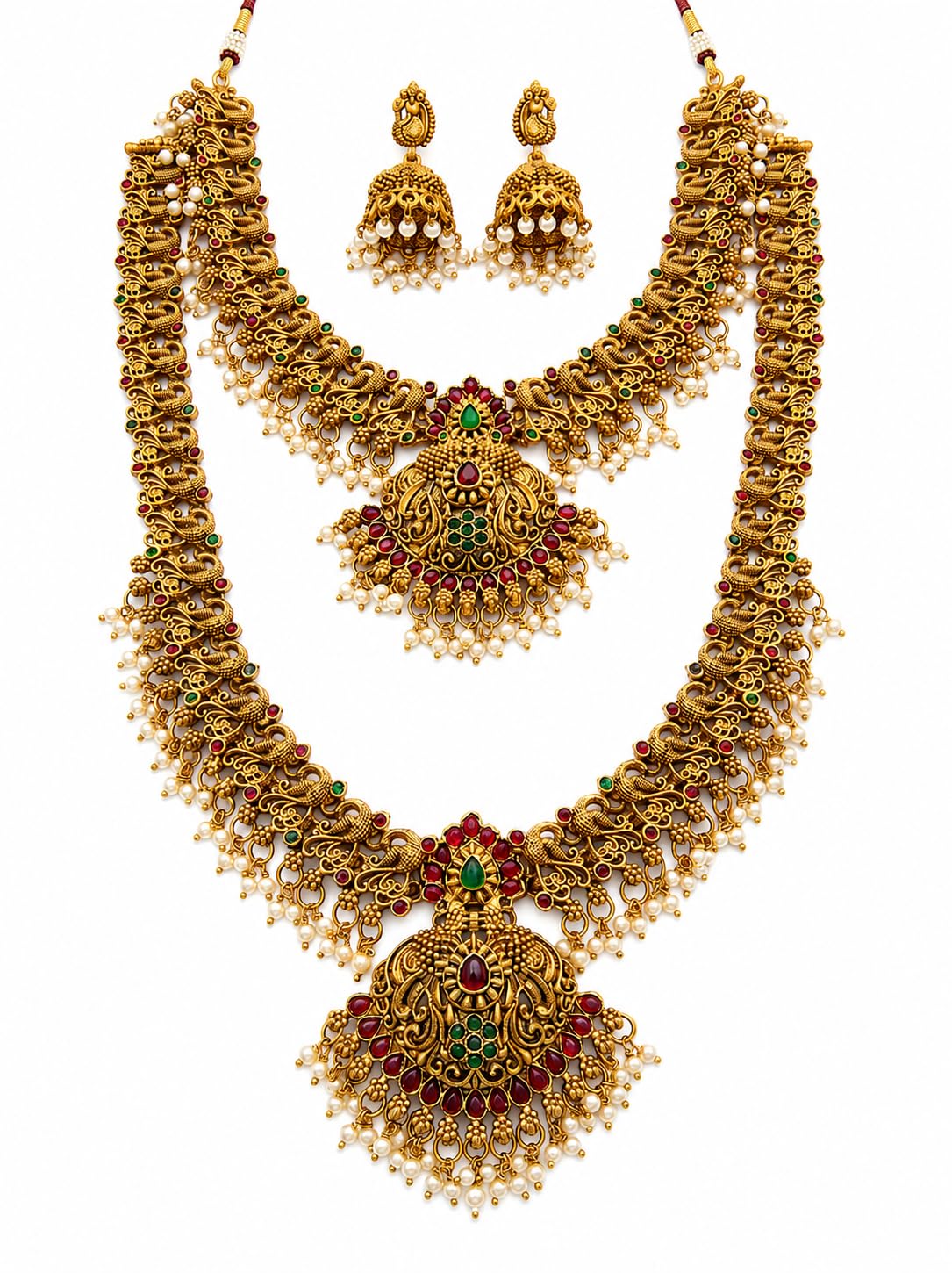 Gold Plated Temple Long Haram Necklace Set for Women | Traditional Lakshmi Design Bridal Jewelry Set with Matching Jhumka Earrings | South Indian Ethnic Artificial Jewellery