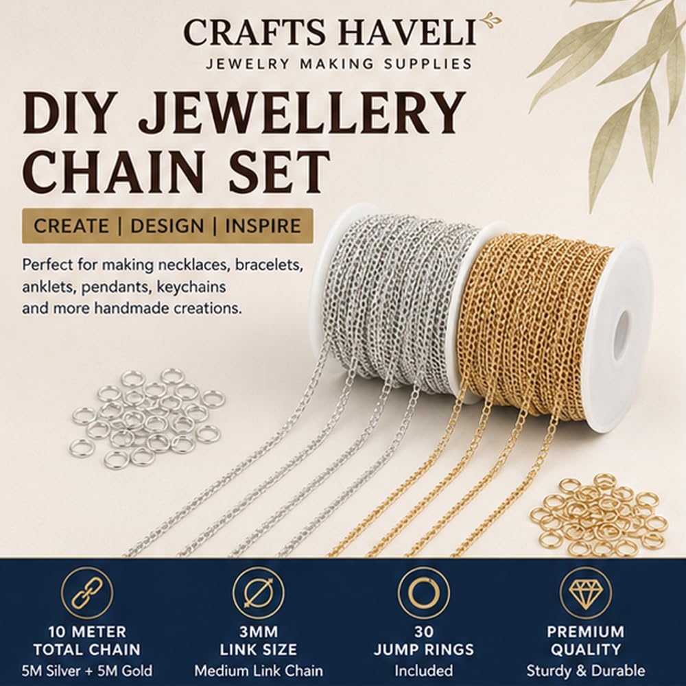 Jewelry Making Supplies – DIY Necklace & Bracelet Accessories with Silver & Gold Link Chains 5 Meter Each + Jump Rings for Jewellery Craft Making