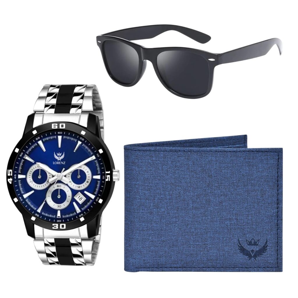 LORENZ Gift Set Combo Box of Men's Blue Dial Watch, Blue Wallet & Black Sunglasses