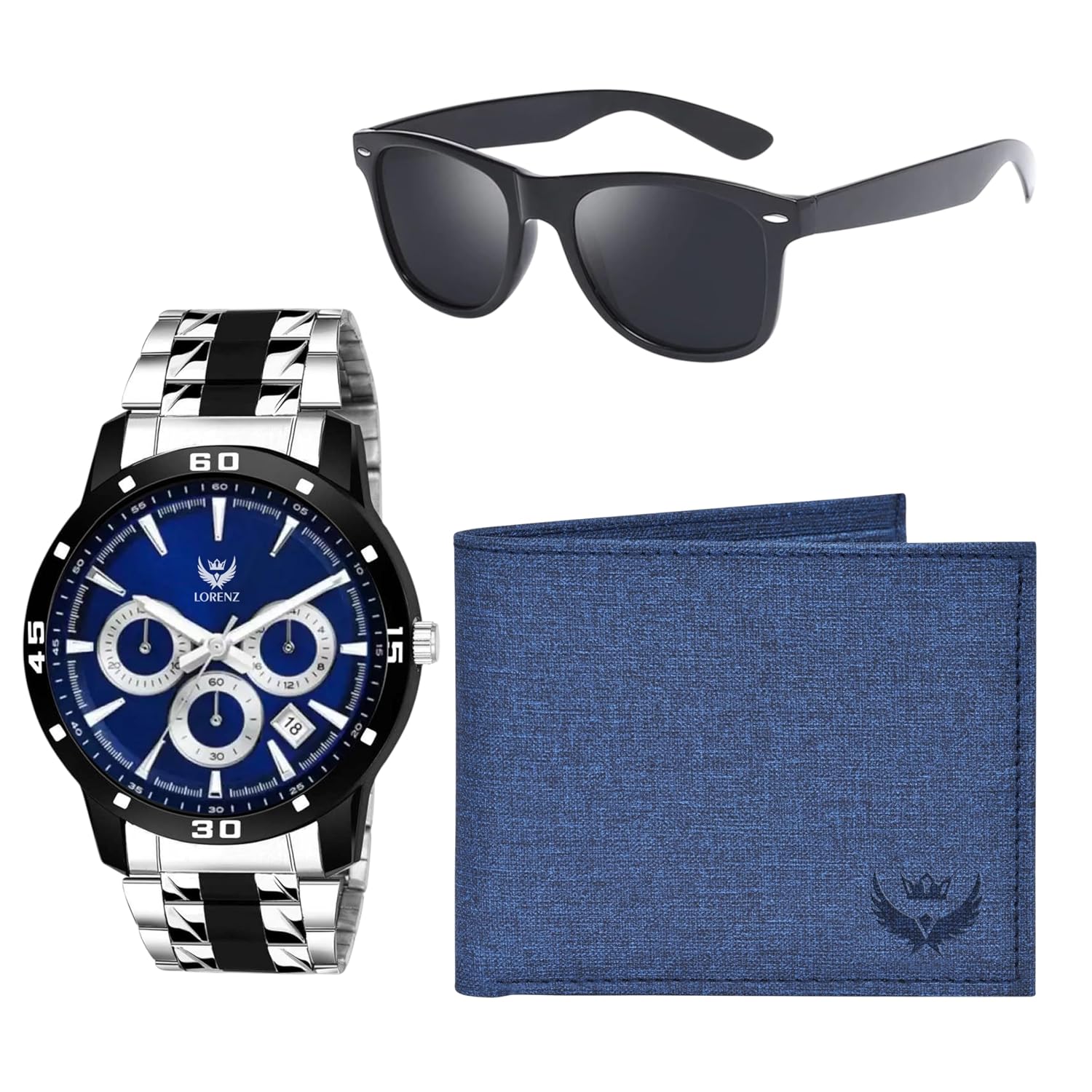 LORENZ Gift Set Combo Box of Men's Blue Dial Watch, Blue Wallet & Black Sunglasses