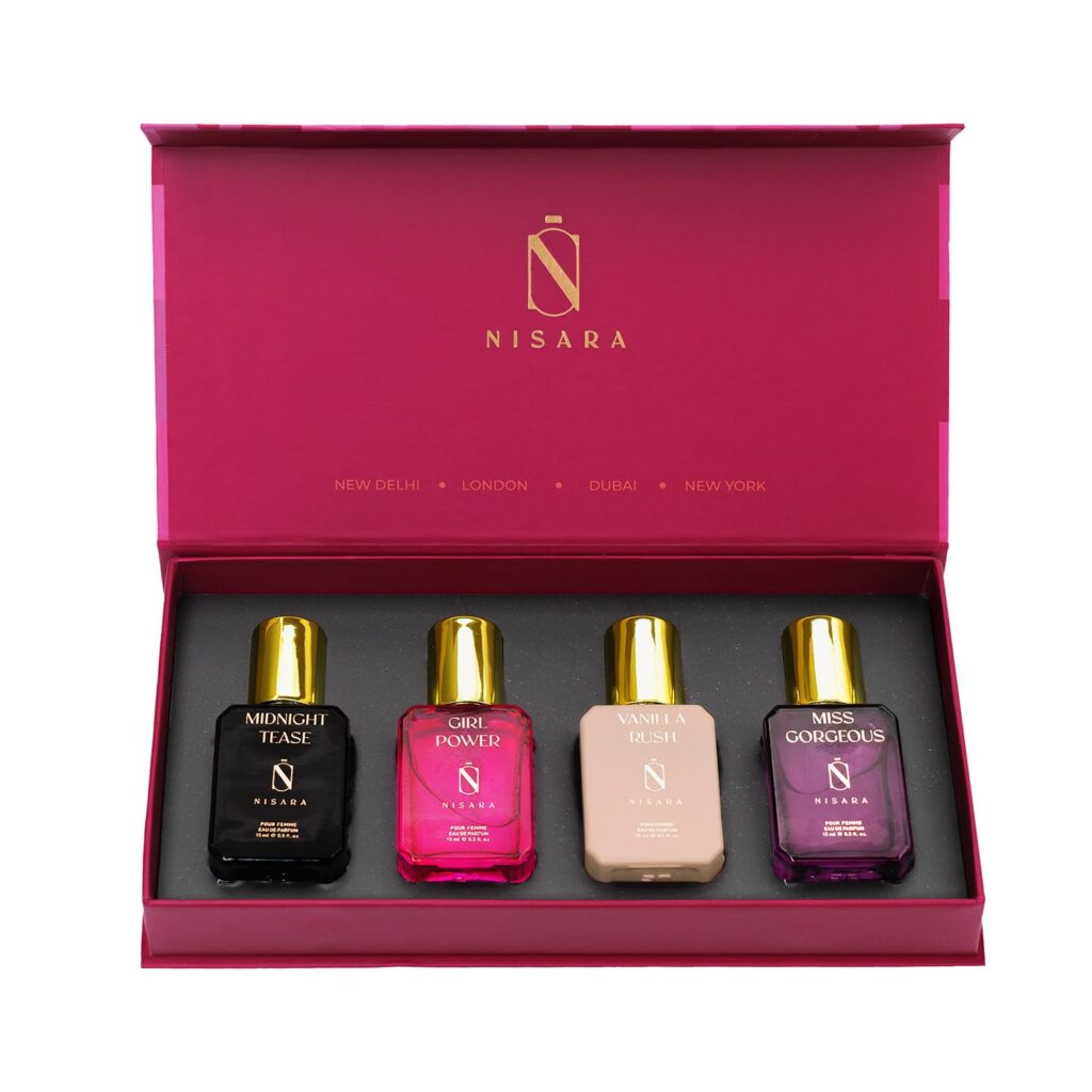 Nisara Women EDP Perfume Gift Set, 4x15ml | Premium Long Lasting Eau De Parfum | Floral, Fruity & Musky Fragrance in Vanilla Rush | Midnight Tease | Miss Gorgeous | Girl Power Perfumes for Her