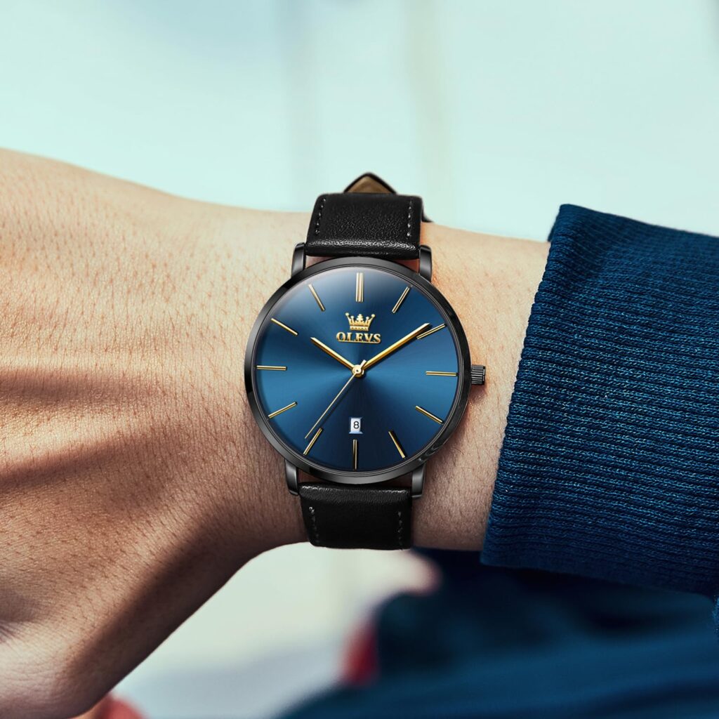 OLEVS Mens Watches Minimalist Ultra Thin Fashion Casual Analog Quartz Date Watch Waterproof Slim Simple Big Face Dress Wrist Watch with Retro Leather Band for Men