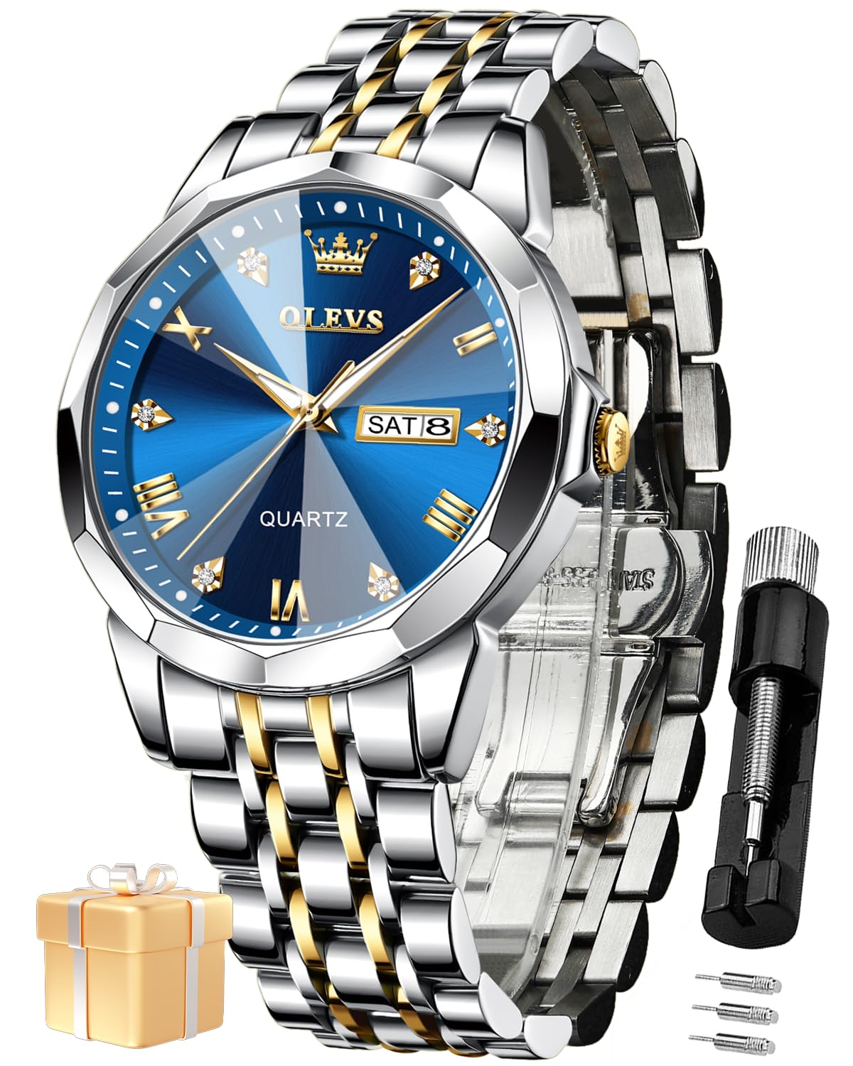 OLEVS Watch for Man Analog Quartz Dress Diamond Business Stainless Steel Watches Waterproof Luminous Date Luxury Wrist Watches