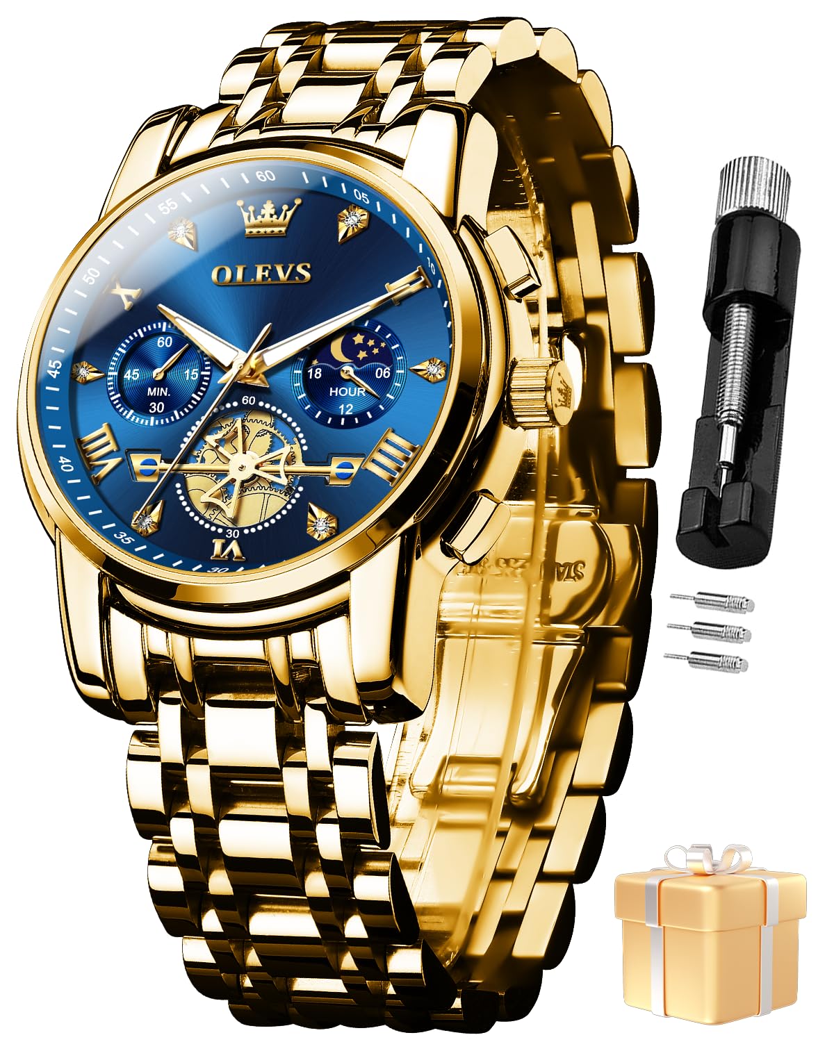 OLEVS Watch for Man Analog Quartz Skeleton Chronograph Diamond Watch Stainless Steel Moon Phase Calendar Waterproof Mens Dress Watches