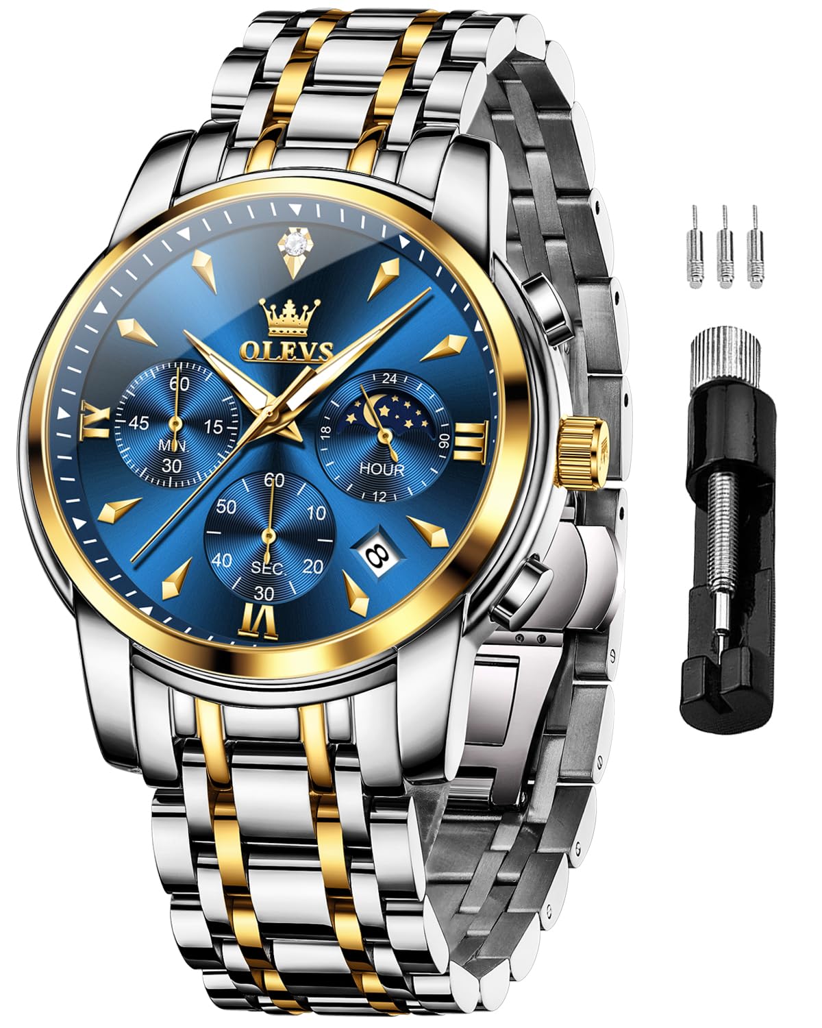 OLEVS Watches for Men Original Chronograph Luxury Business Analog Quartz Watch Waterproof Moon Phase Stainsteel Steel Diamond Mens Watch