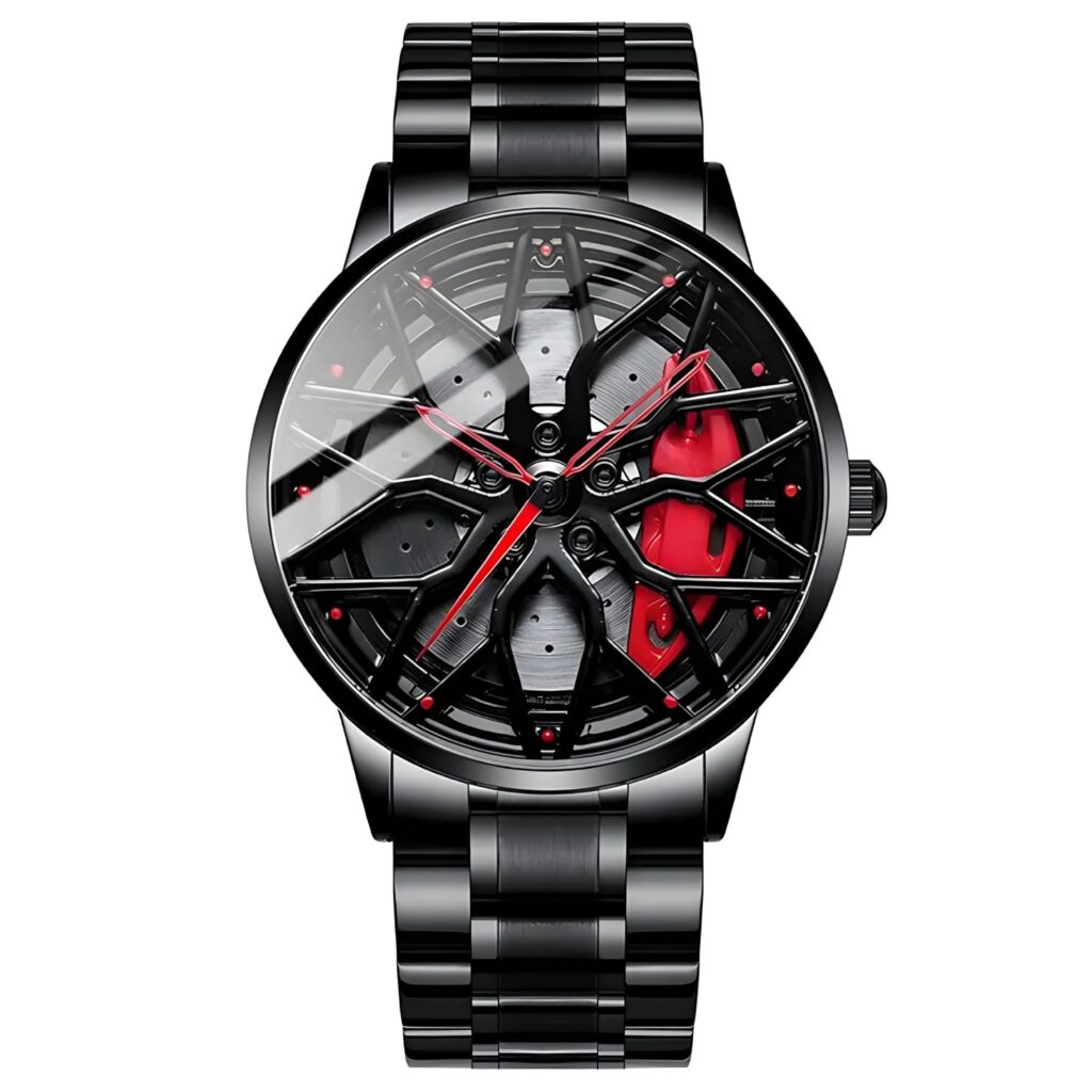 Oculus Men's Racing Rim Design Rolling car Alloy Wheel, 360° Spinning Rotating gyro Dial, Black Stainless Steel Band, Quartz Movement, Red Accents Watch for Boys
