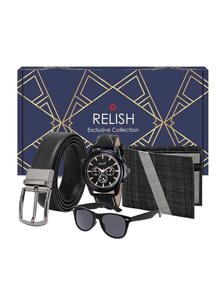 Relish Gift Combo Box Analog Leather Strap Watch, Wallet, Long Lasting Perfume and Metal Hook Keychain | Valentine Gift for Boyfriend