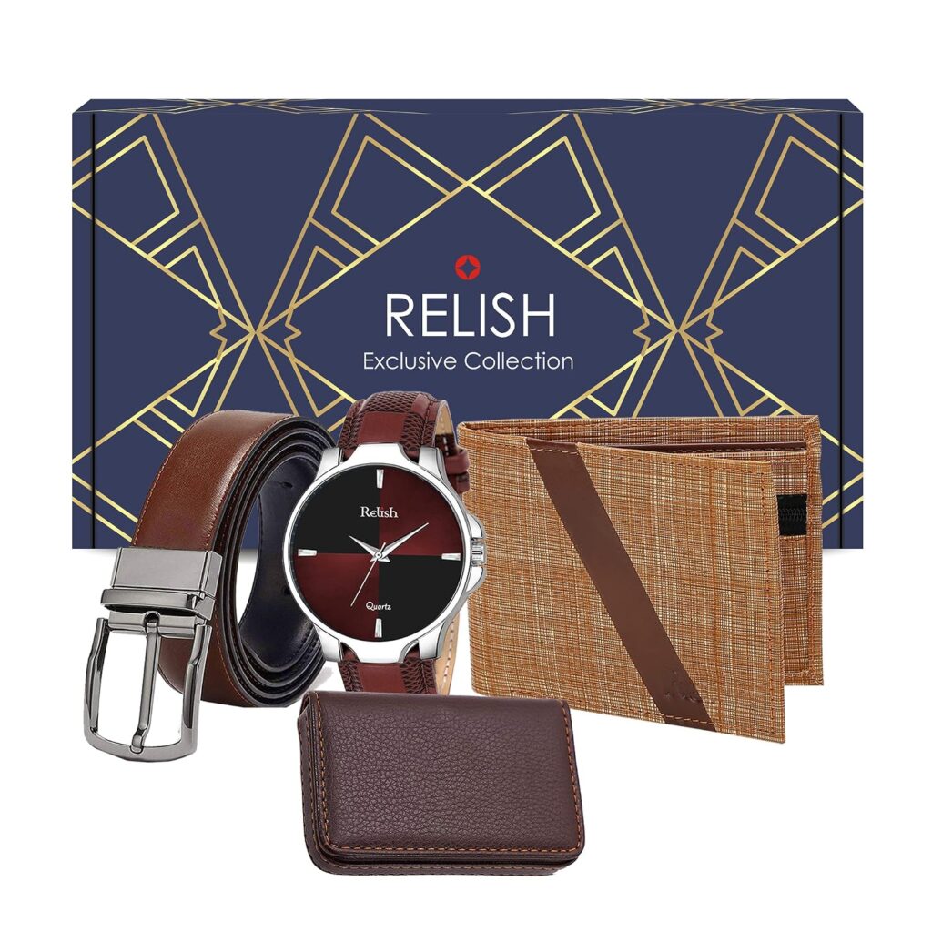 Relish Gift Combo Box of Men's Black Analog Leather Strap Watch, Texture Wallet, Leather Belt and Metal Hook Keychain