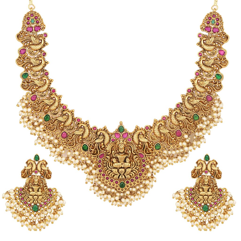 Shining Diva Fashion Latest Stylish Fancy Pearl Choker Traditional Jewellery Set for Women | Temple Necklace Set | Festive Wedding Party Necklace | 22k Gold Plated | Just Like Original Gold Jewellery
