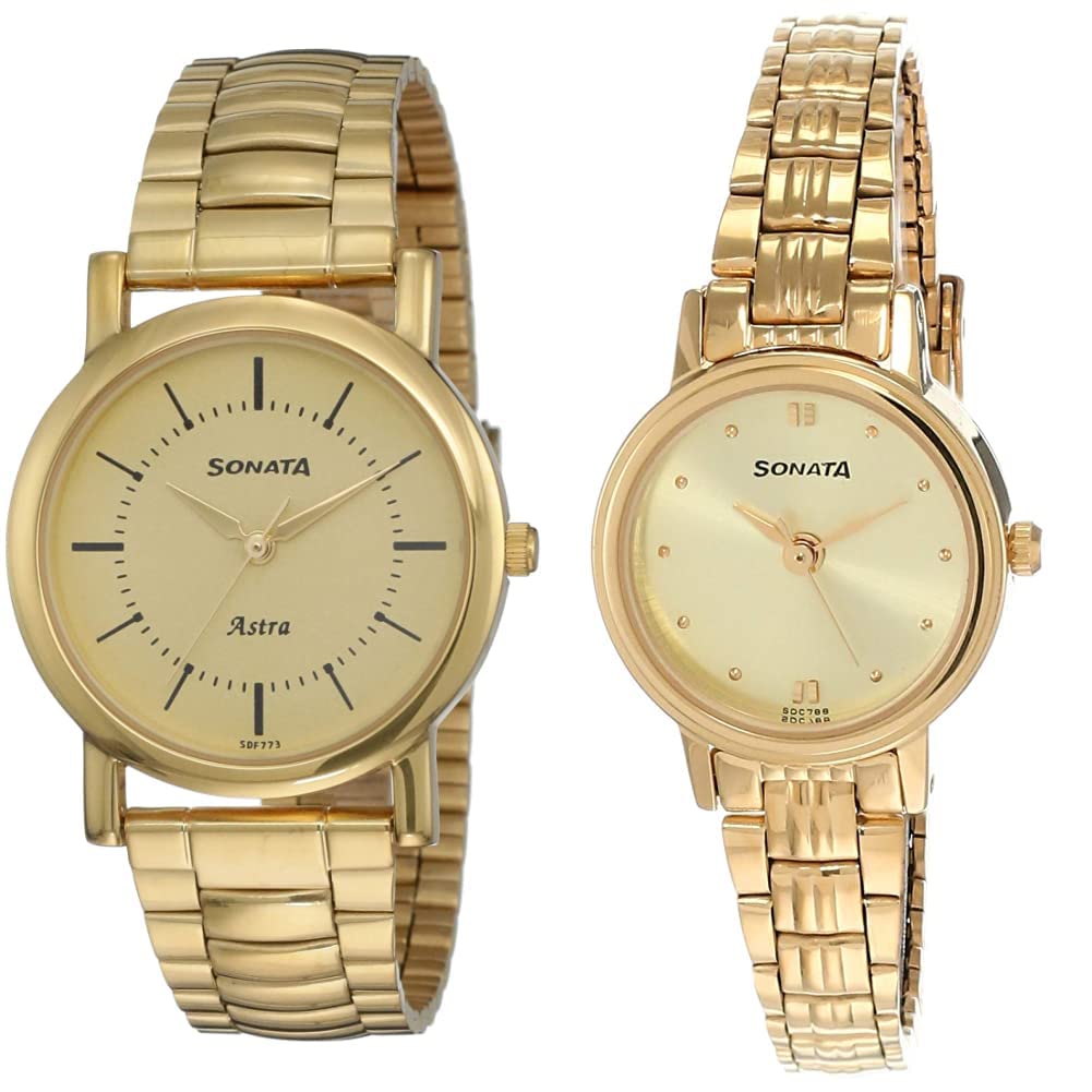 Sonata Men Metal Couple's Analog Watch (77049Ym01C + 8096Ym02C, Gold Band, Champagne Dial), Band Color-Gold