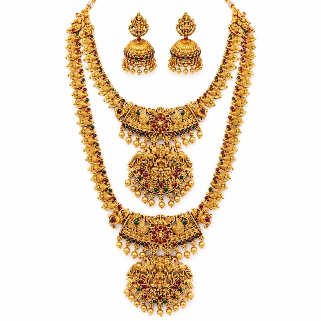 Traditional Temple Jewellery Long Haram Necklace Set with Jhumka Earrings for Women Antique Gold Plated Lakshmi Peacock Design.