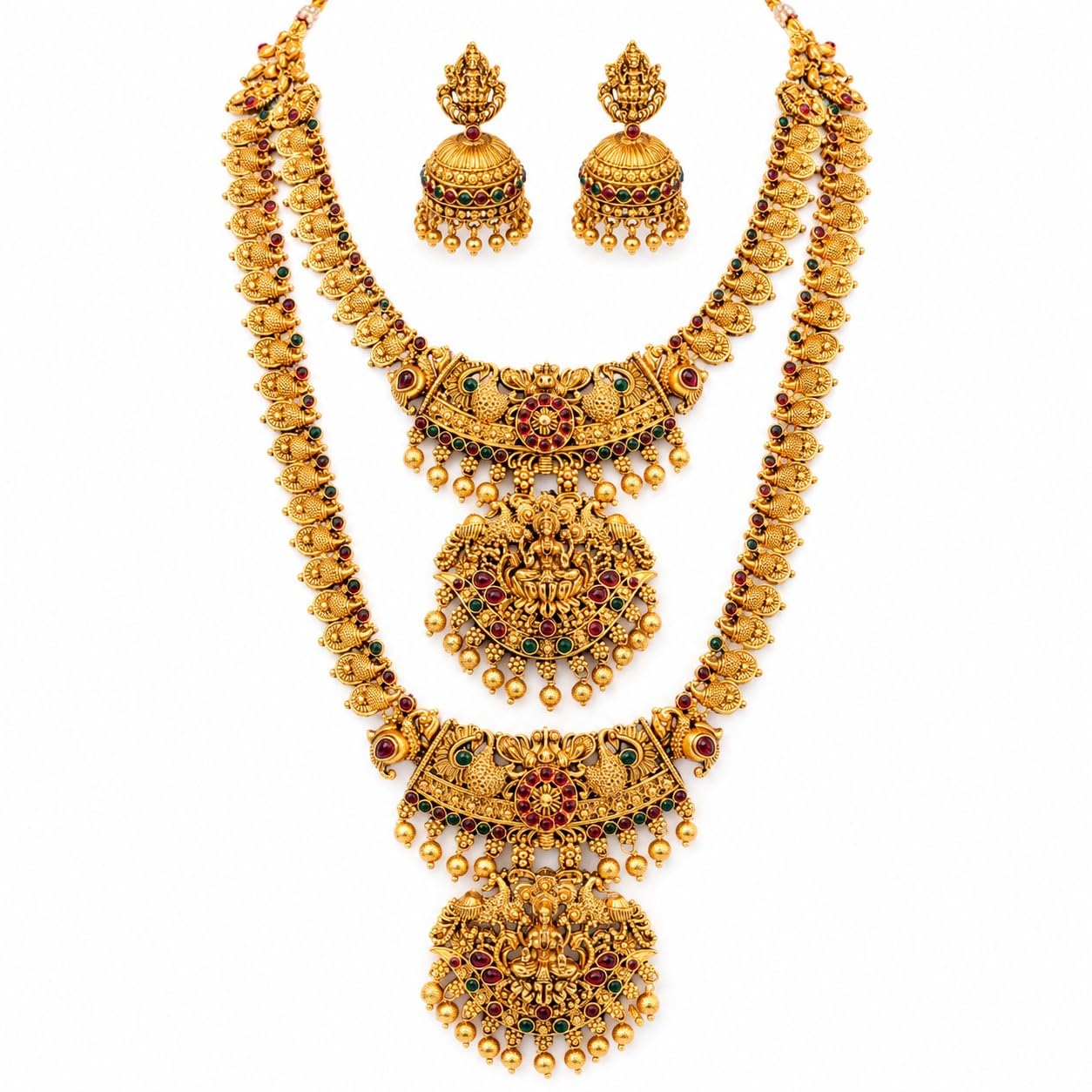 Traditional Temple Jewellery Long Haram Necklace Set with Jhumka Earrings for Women Antique Gold Plated Lakshmi Peacock Design.