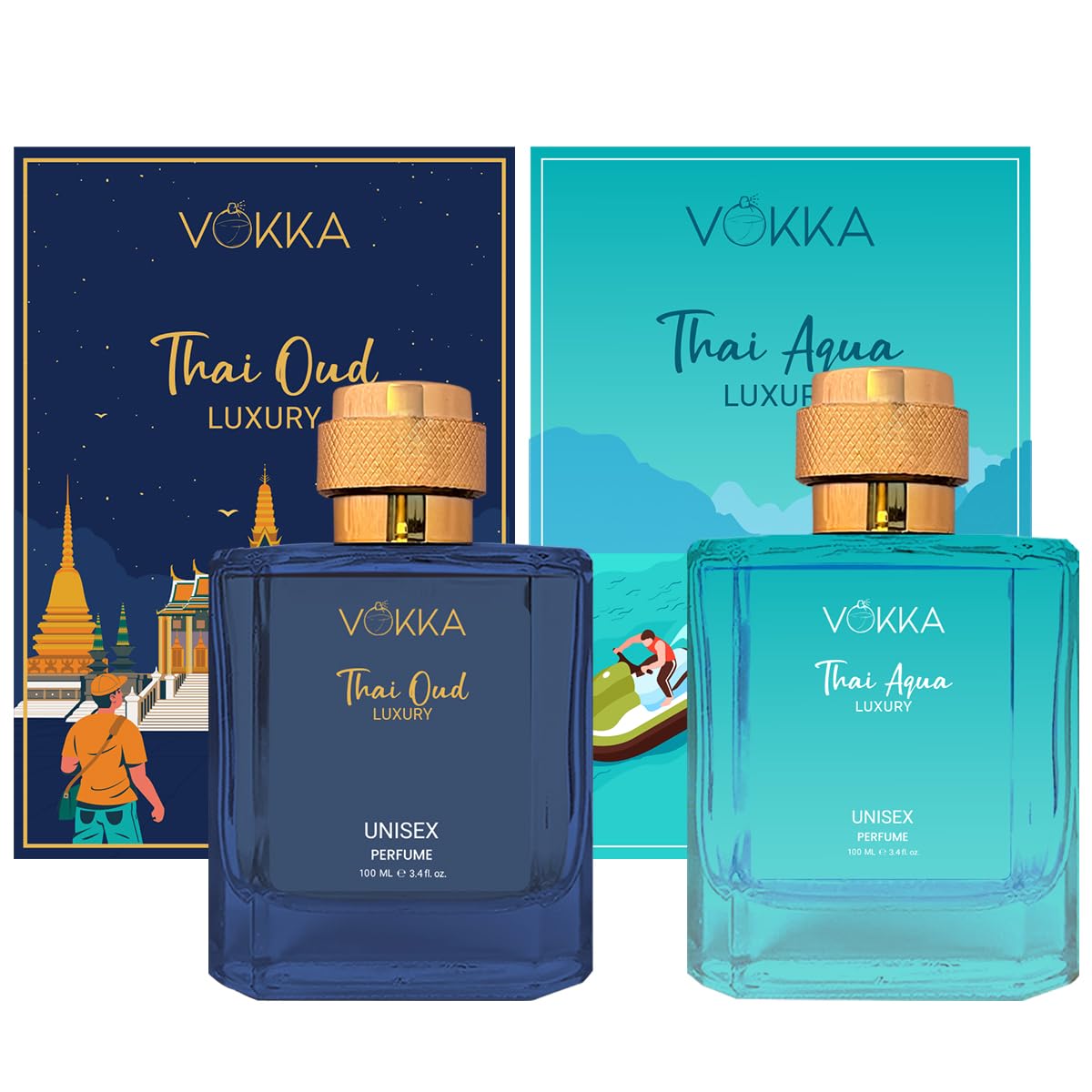 VOKKA Thai Oud & Thai Aqua 200 ml | Pack of 2 x 100ml Unisex Luxury Long Lasting Woody Aquatic Perfume Gift Set For Men And Women | EDP Fragrance | Notes: Aqua Woody Musky