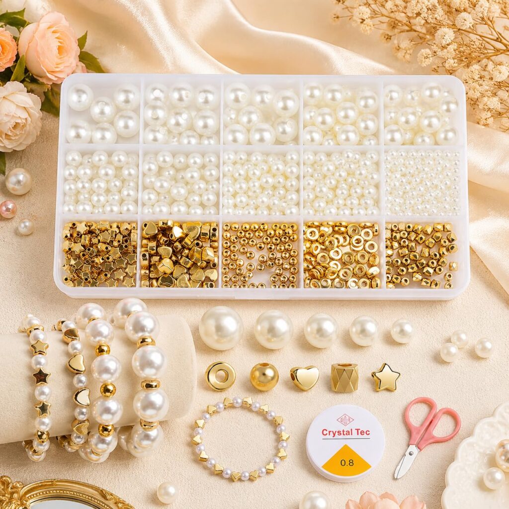 Vinskep Friendship Bracelet Making Kit for Kids - Premium Colorful Beads Jewelry Making Set with Alphabet Beads, Decorative Charms, Elastic Cord & Accessories for DIY Arts & Crafts (Gold Kit)