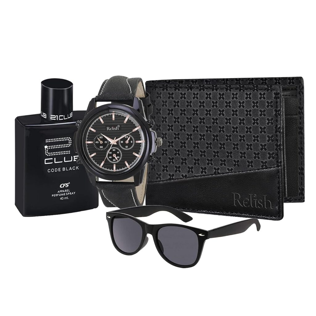 Watch, Sunglass, Perfume & Wallet Combo (Black) | Perfume Gift Set for Men | Casual Leather Watch, Wallet Casual Gift Set
