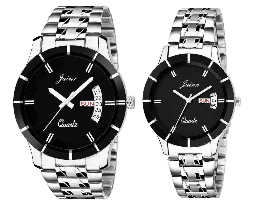 jainx Day Date Feature Silver Steel Chain Gift Set Analog Wrist Watch for Couple - JC458