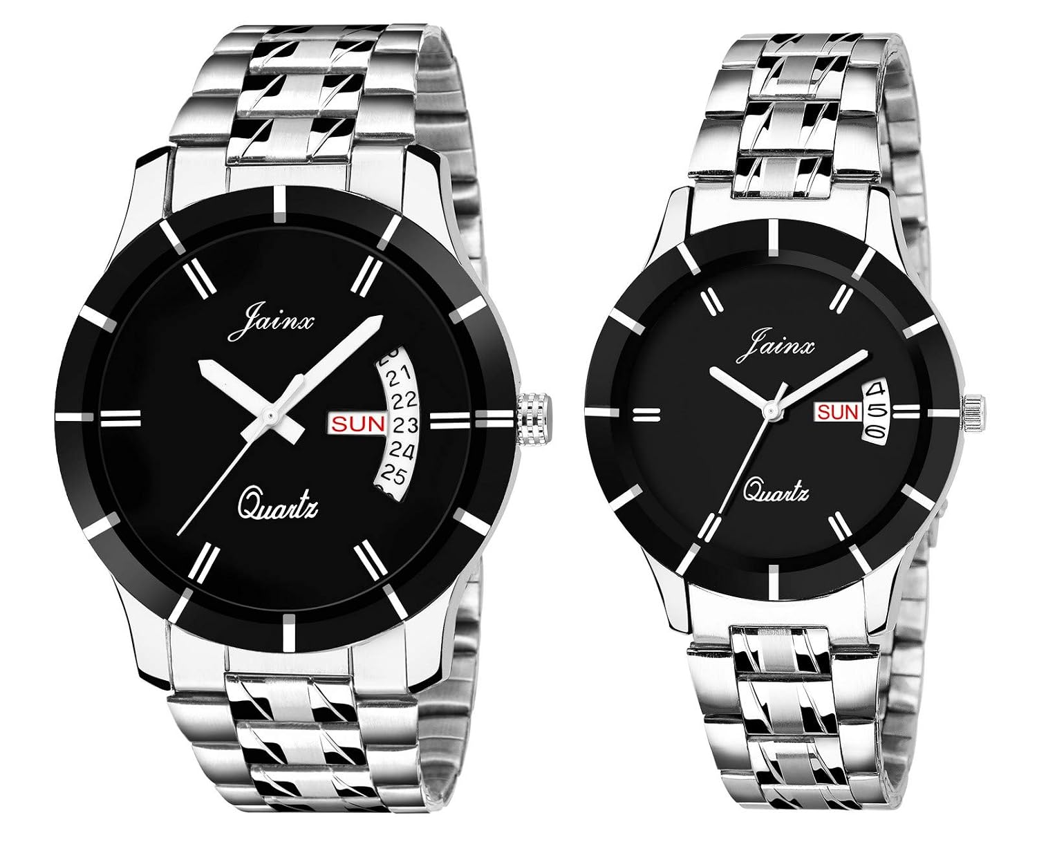 jainx Day Date Feature Silver Steel Chain Gift Set Analog Wrist Watch for Couple - JC458