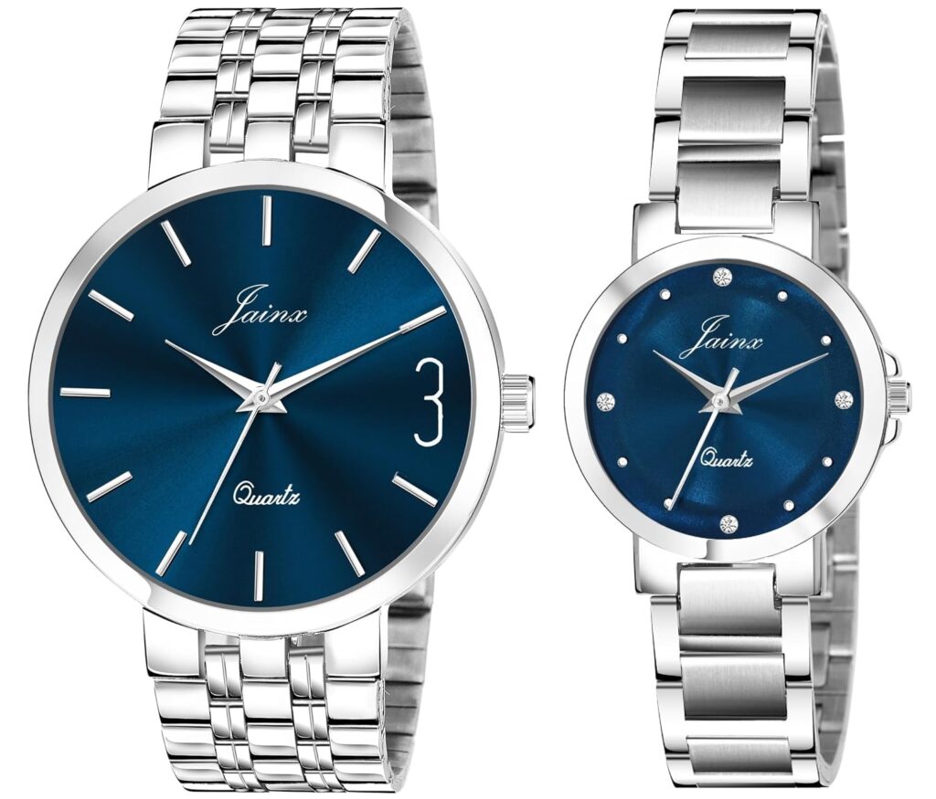 jainx Steel Chain Gift Set Analog Wrist Watch for Couple (Blue/Green Color Dial)